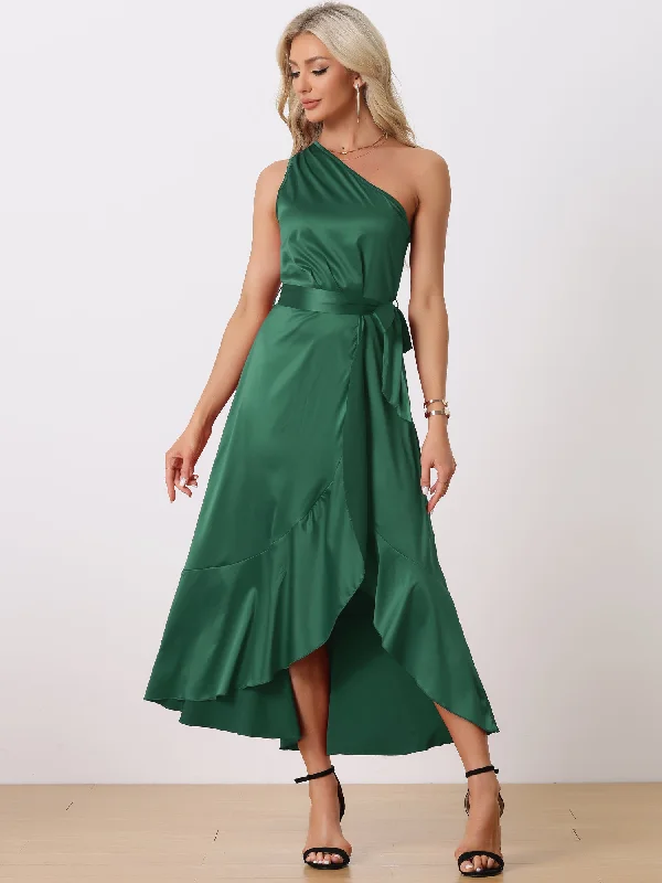 Elevated Style Satin Sleeveless One Shoulder Belted Split Ruffle Evening Cocktail Dress