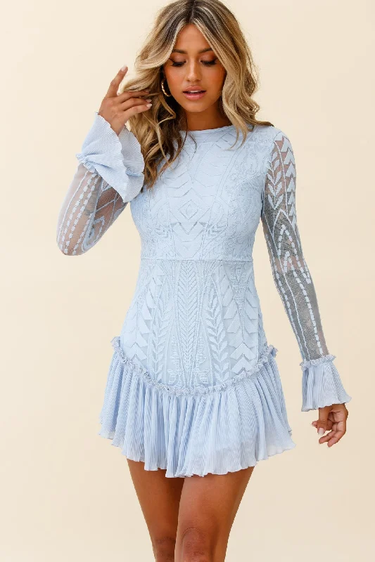 Playful Elegance Dreamy Long Sleeve Mini Dress Steel Blue