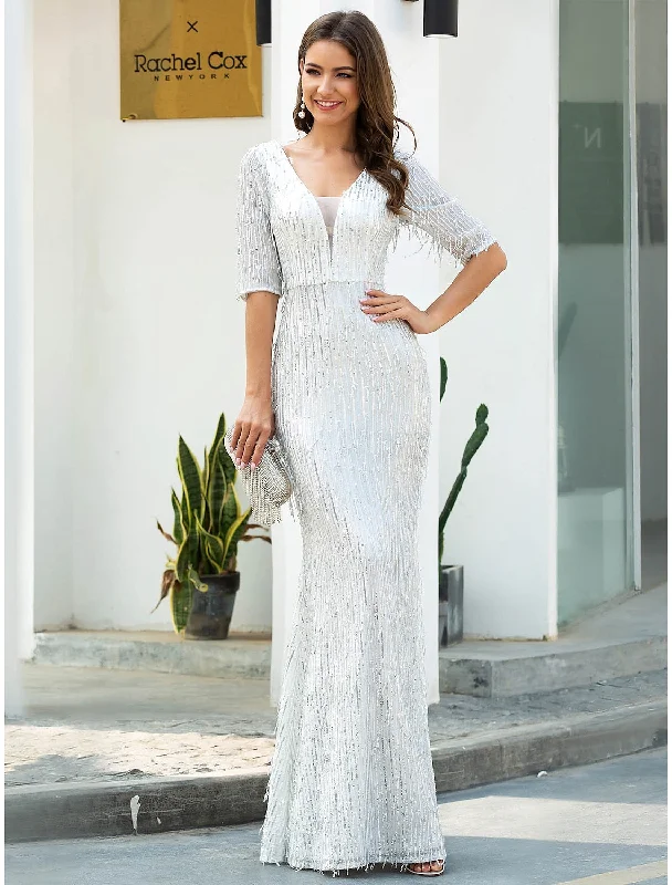 Summer Splash Sale Evening Gown Glittering Dress Engagement Floor Length Half Sleeve V Neck Polyester with Sequin Tassel