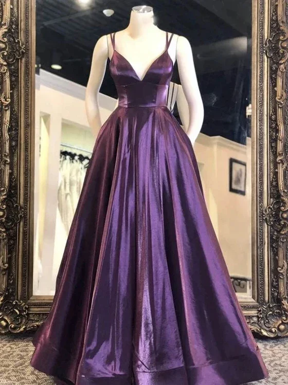 End Of Season Sale V Neck Purple Satin Long Prom Dresses, Purple Formal Graduation Evening Dresses gh1167