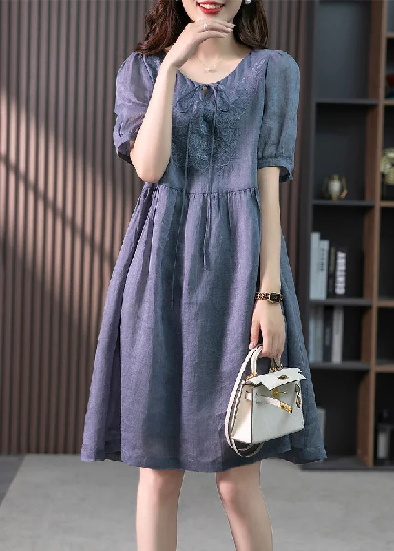 Contemporary Chic Blue Patchwork Neck Tie Linen Maxi Dresses Short Sleeve