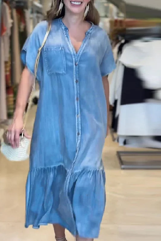 Casual Chic Clothing Washed Denim V Neck Relaxed Ruffles Midi Dress