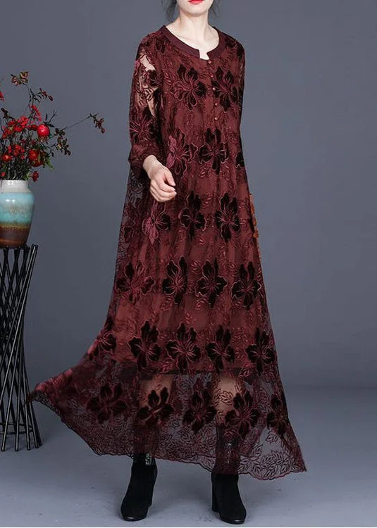 Valentine's Special Loose Chocolate Long Lace Dress O Neck Maxi Dress