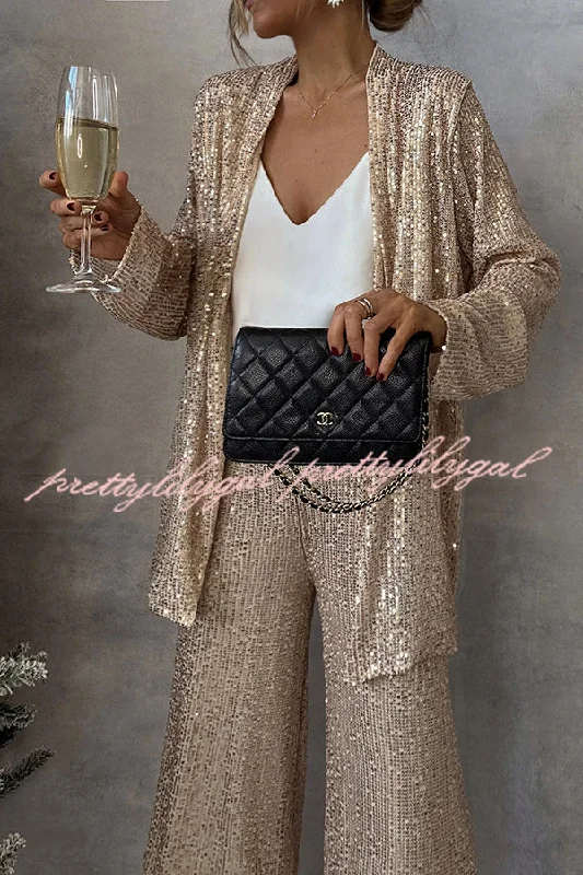 Feminine Elegance Party Scene Sequin Open Front Long Sleeve Drape Coat