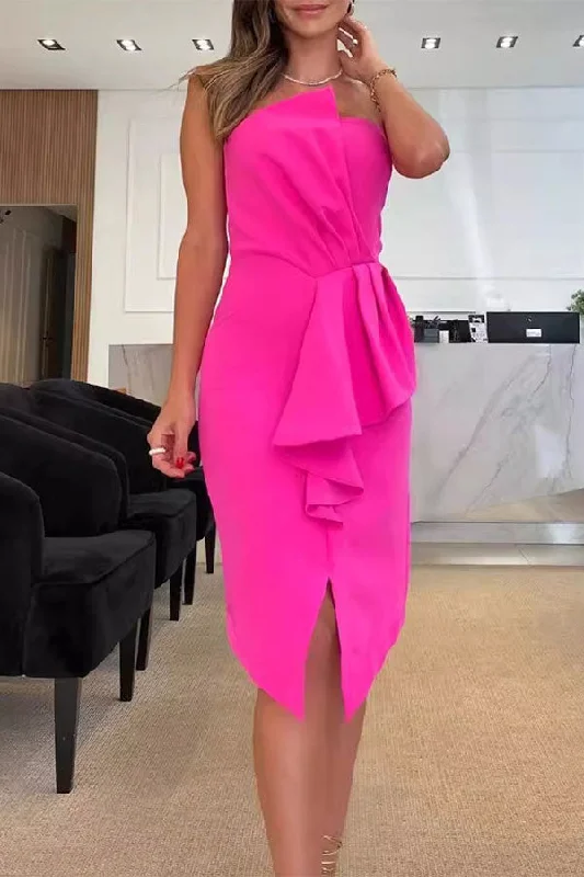 Get The Latest Trends Solid Color Strapless Romantic Ruffles Irregular Midi Dress