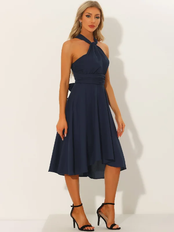 Holiday Sale Sleeveless Fit and Flare Lace-up Midi Multiway Convertible Dress