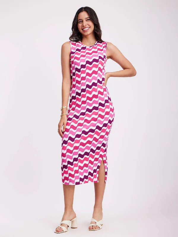 Elegant Simplicity Wardrobe Wave Print Midi Dress - Multicolour