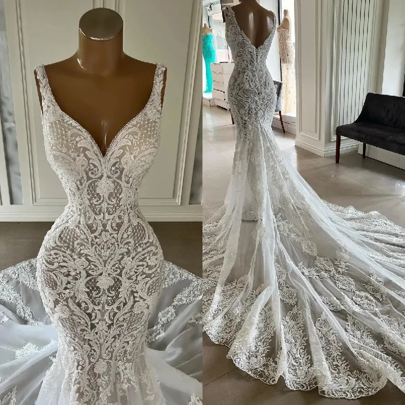 Casual Chic Elegant Lace Mermaid Wedding Dresses V Neck Lace Appliqued Boho Country Bridal Party Gowns