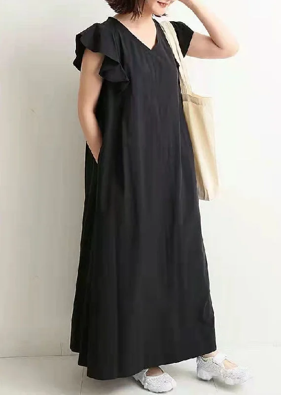 Casual Fashion Elegant Black V Neck Patchwork Ruffled Cotton Maxi Dresses Summer