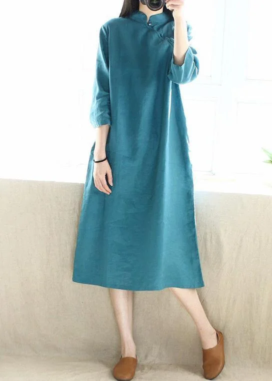 Vibrant Femme Fashion Simple Blue Green Tunics Stand Collar Half Sleeve Maxi Dress