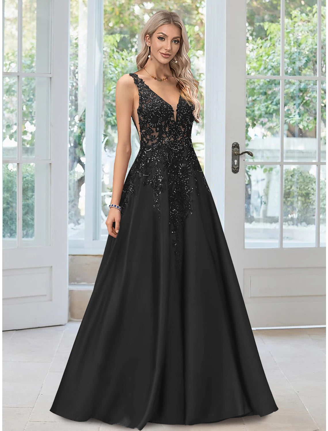 Limited Time Offers A-Line Evening Gown Black Dress Formal Floor Length Sleeveless V Neck Lace with Appliques