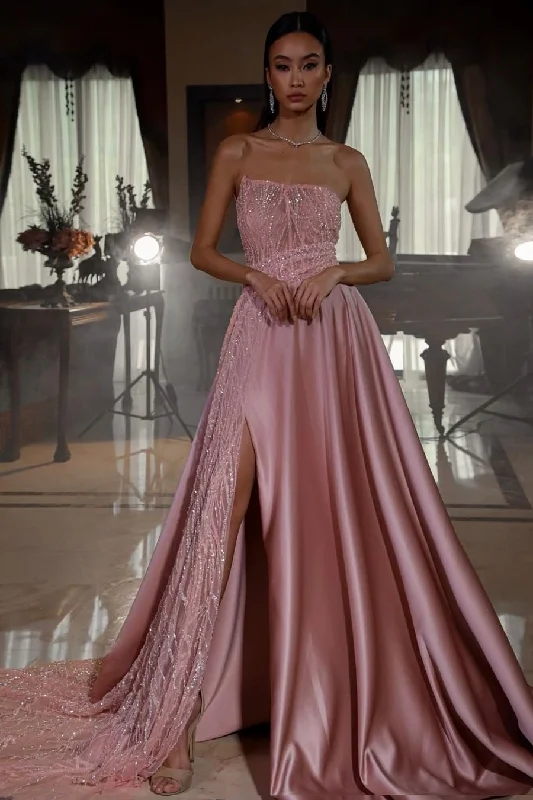 Earthy Tones Pink Strapless Sleeveless Sequins A-Line Prom Dress With Split gh724