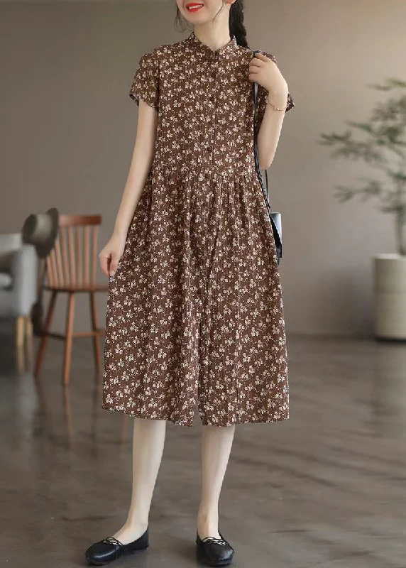 Seasonal Picks Coffee Patchwork Wrinkled Button Maxi Dresses Short Sleeve