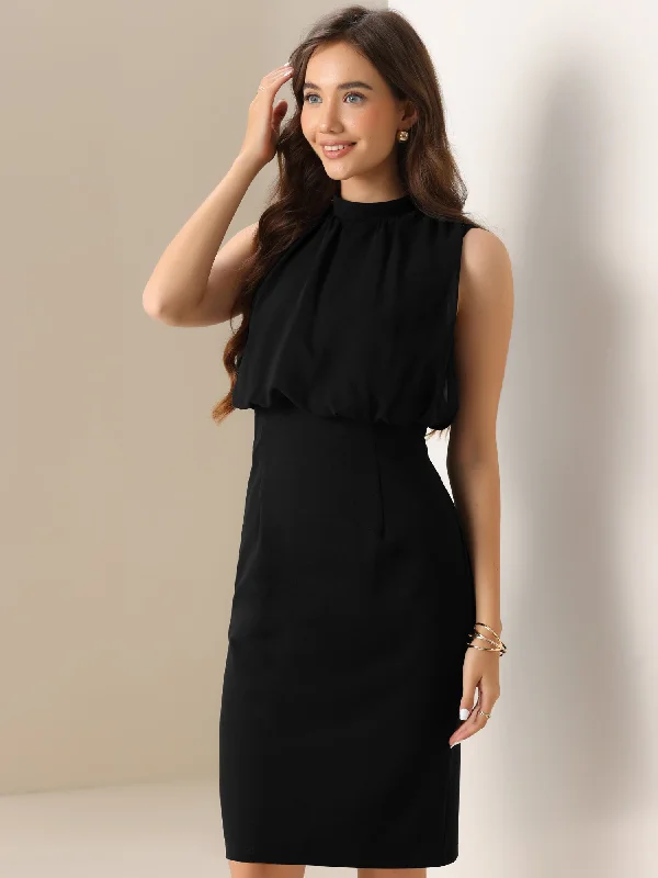 Feminine Soft - Hued Styles Puff Sleeveless Solid Color Midi Sheath Dress