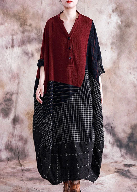 You'Ll Love Us Because Women Plaid Stripe Patchwork V-Neck Half Button Front Vintage Maxi Dresses