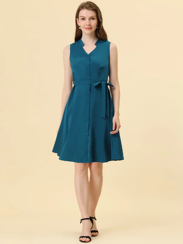 Feminine Flow Sleeveless Shirtdress with Belted V Neck Office Button Down Dress