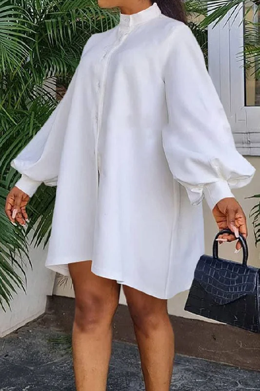 Fashion For Every Occasion Solid Color Puff Sleeve Oversized Irregular Midi Dress