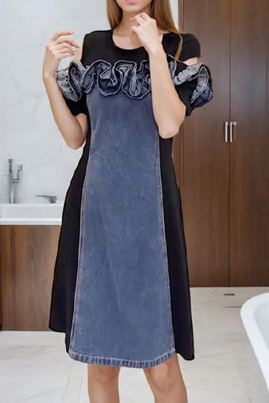 Trend Driven Wardrobe Hit Color Denim Patchwork Elegant Ruffles Cold Shoulder Midi Dress