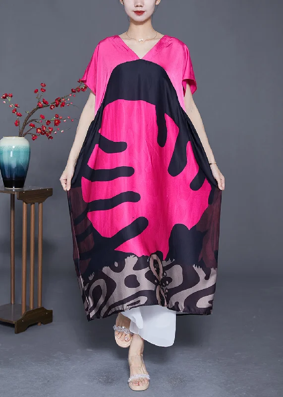 Seasonal Clearance DIY Rose V Neck Patchwork Print Silk Maxi Dresses Summer