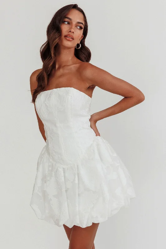 Effortless Style Monti Strapless Bubble Hem Mini Dress Embroidered White