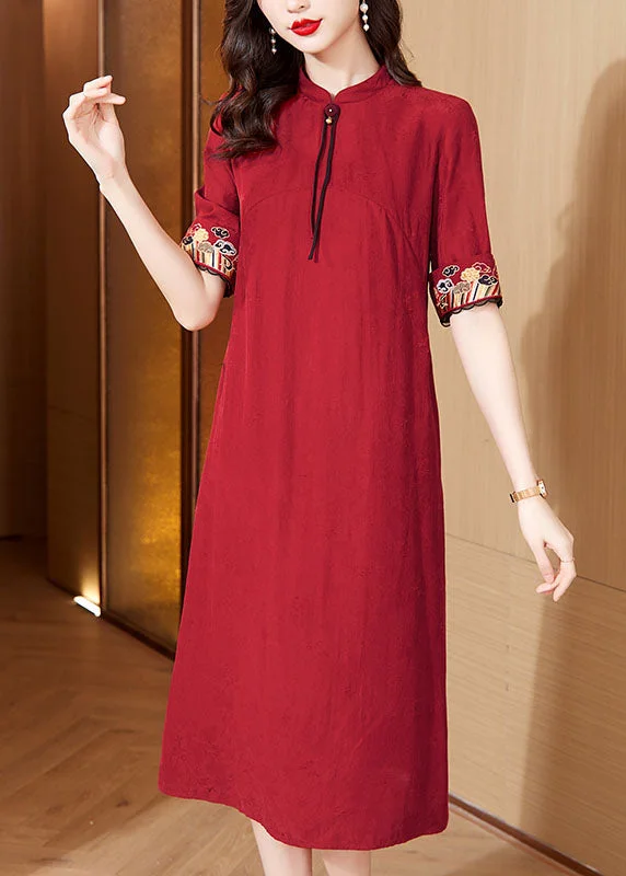 Save On Classic Elegant Styles Italian Red Stand Collar Embroidered Maxi Dresses Short Sleeve