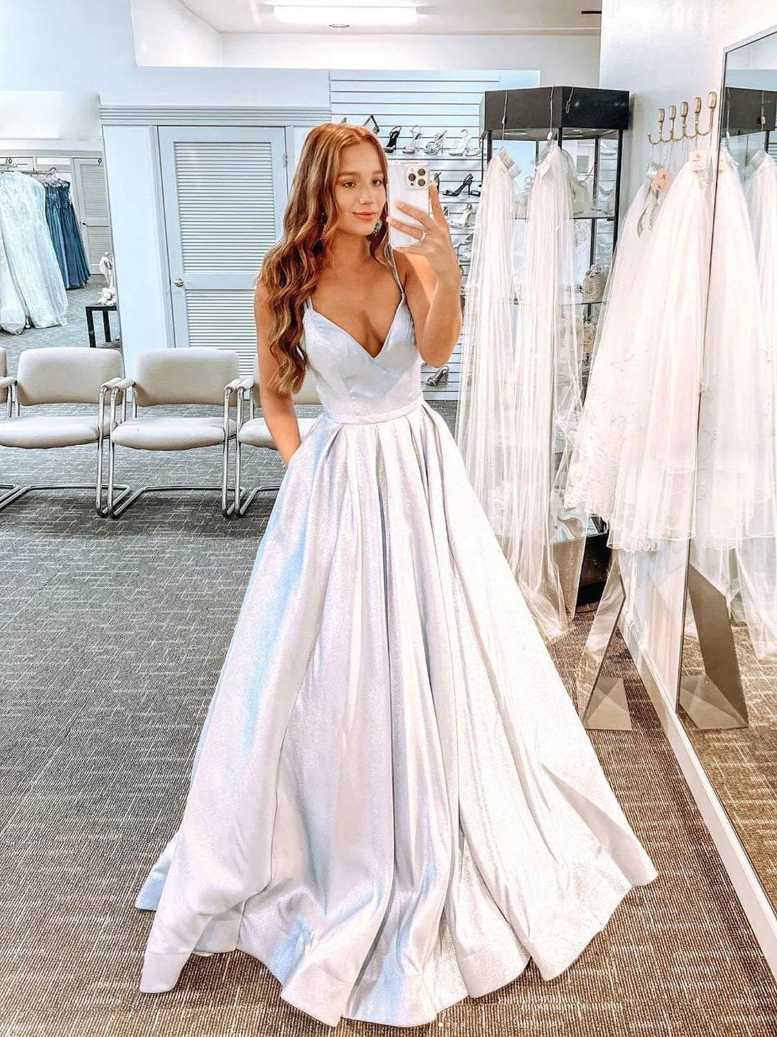 Trend Setting Wardrobe Simple V Neck Silver Satin Long Prom Dresses, V Neck Silver Formal Dress, Open Back Silver Evening Dress gh2398