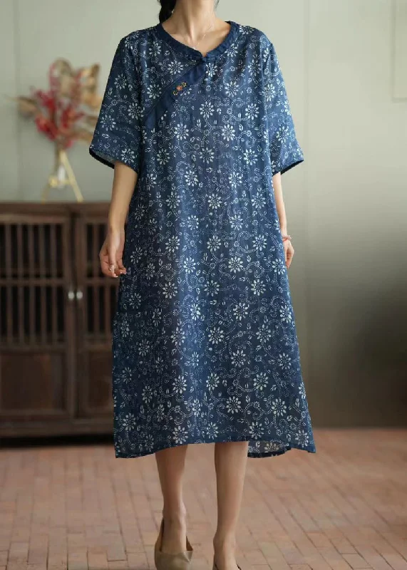 Chic Style, Always In Vogue Retro Blue Print Button Ramie Maxi Dress Short Sleeve