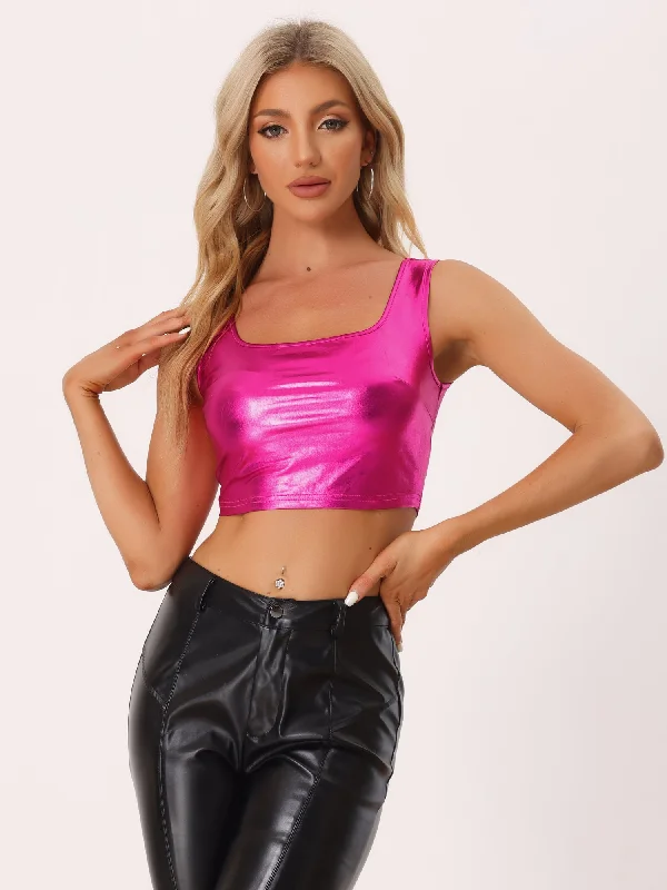 Special Occasion Wear Sleeveless U Neck Party Holographic Shiny Metallic Crop Top