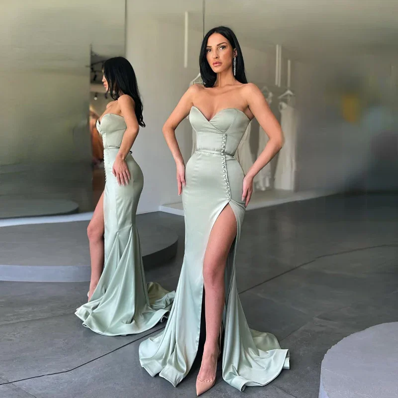 Trendy Styles Sexy Long Mermaid Elegant Strapless Prom Dresses  Sleeveless High Split Button Satin Formal Dress Women Evening Party Gowns  gh1141