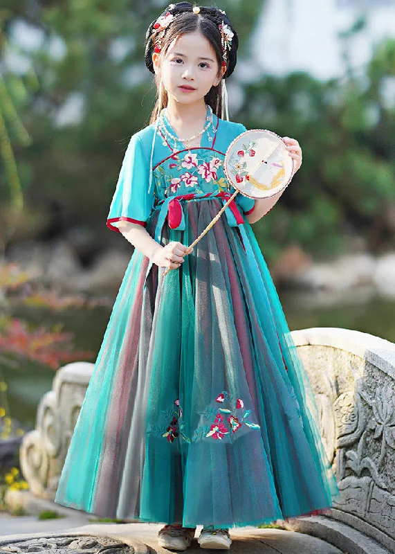 Flash Sale, Don't Miss Stylish Green V Neck Embroideried Kids Maxi Dresses Summer