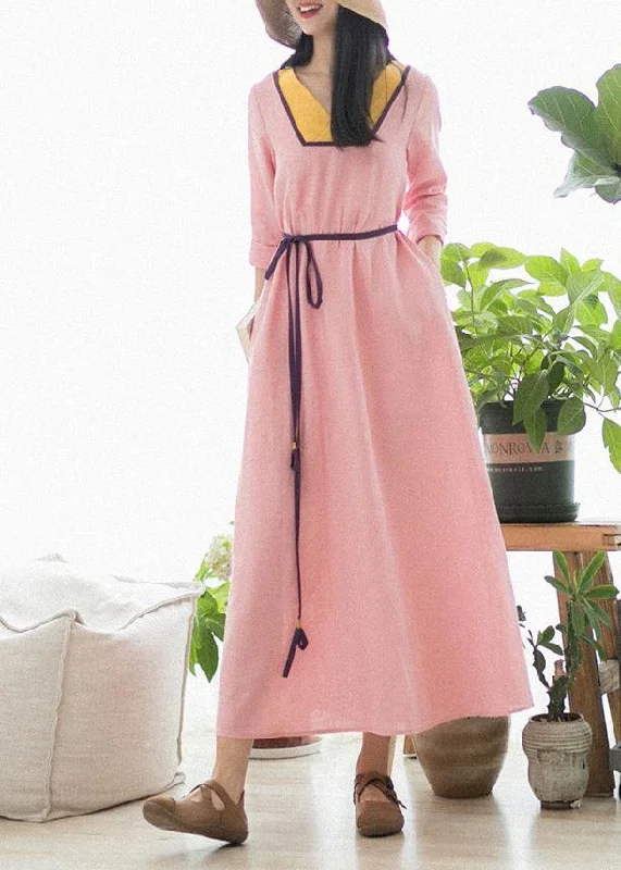 Special Occasion Wear Beautiful V Neck Patchwork Spring Clothes Fabrics Pink Maxi Dress