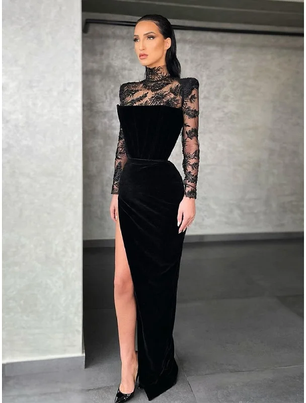 Eclectic Style Wardrobe Sheath / Column Evening Gown Elegant Dress Formal Black Dress Plus Size Floor Length Long Sleeve High Neck Lace with Slit