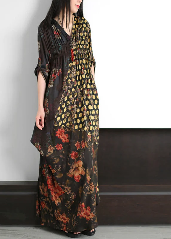 Attire Sale Fashion Black V Neck Asymmetrical Print Wrinkled Silk Maxi Dress Summer