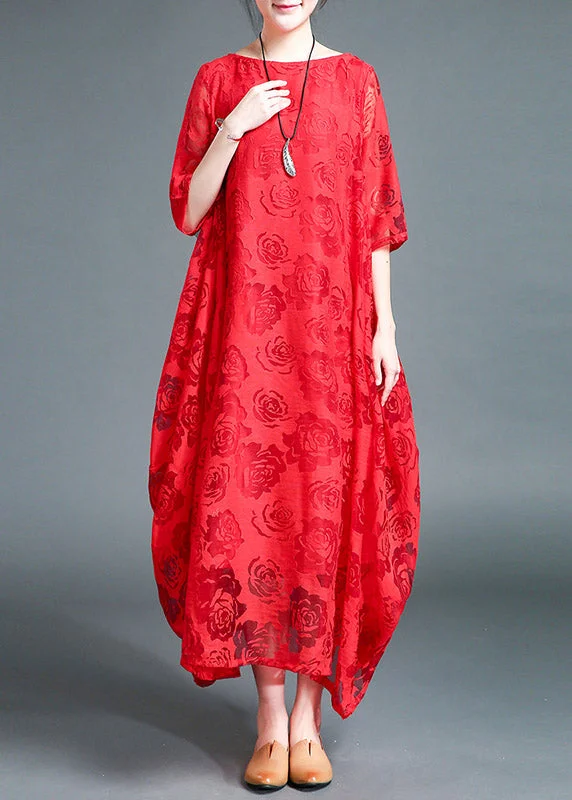 Trend Forward Threads For Her Plus Size Red O-Neck Lace Holiday Maxi Dress Summer