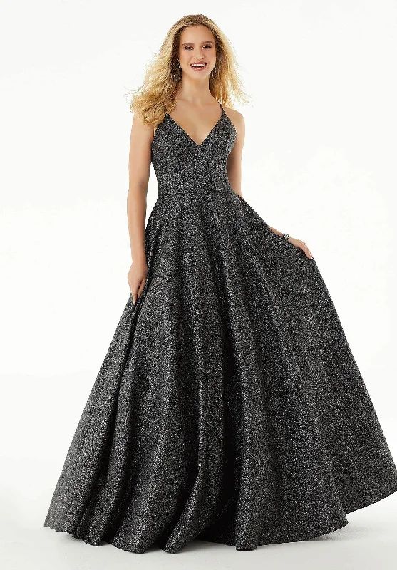 Seasonal Clearance Mori Lee - Plunging V-Neck Glitter Satin A-Line Dress 45048