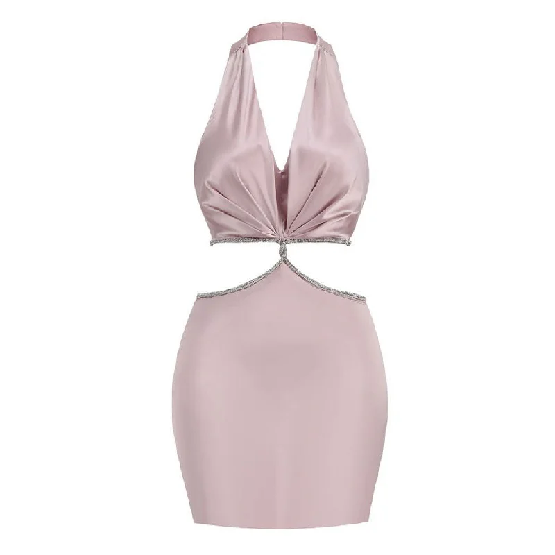 Feminine Charm Glossy Satin Ruched Halter V Neck Sleeveless Crystal Cutout Mini Party Dress