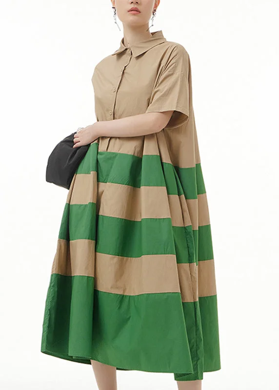 Casual Chic Loose Green Striped Patchwork Cotton Maxi Dresses Short Sleeve