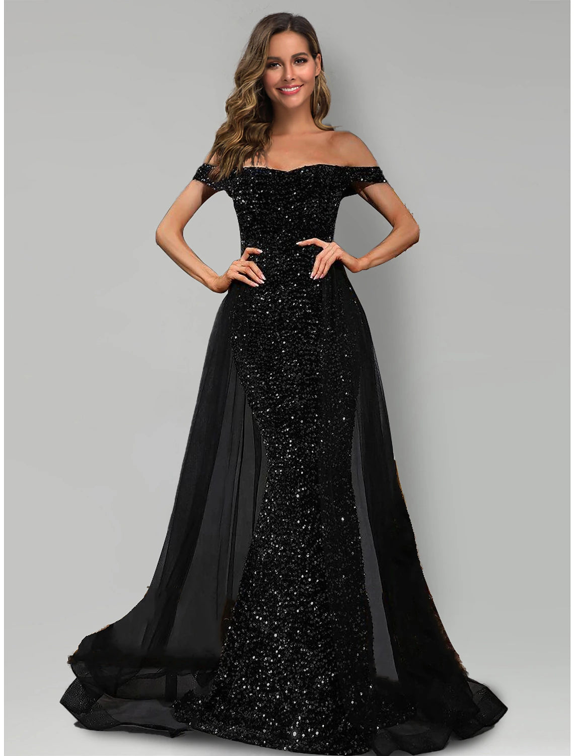 Mega Sale Mermaid / Trumpet Evening Gown Black Dress Formal Sweep / Brush Train Sleeveless Off Shoulder Tulle with Sequin