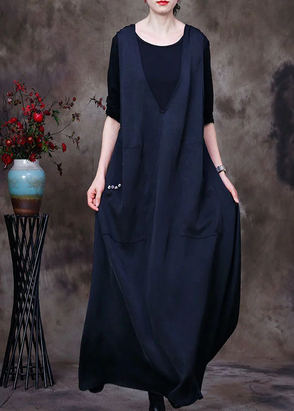 Odd Size Clearance Sale Fashion Black V Neck pockets Silk Maxi Dresses Sleeveless