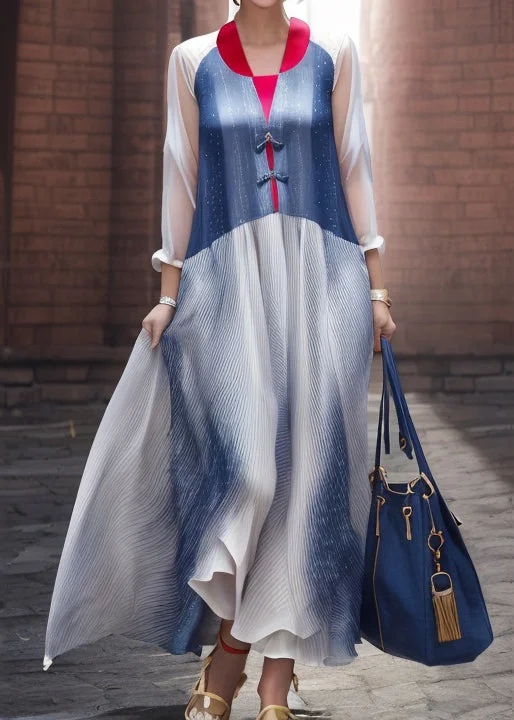 Final Sale Italian Blue Button Patchwork Silk Maxi Dresses Long Sleeve