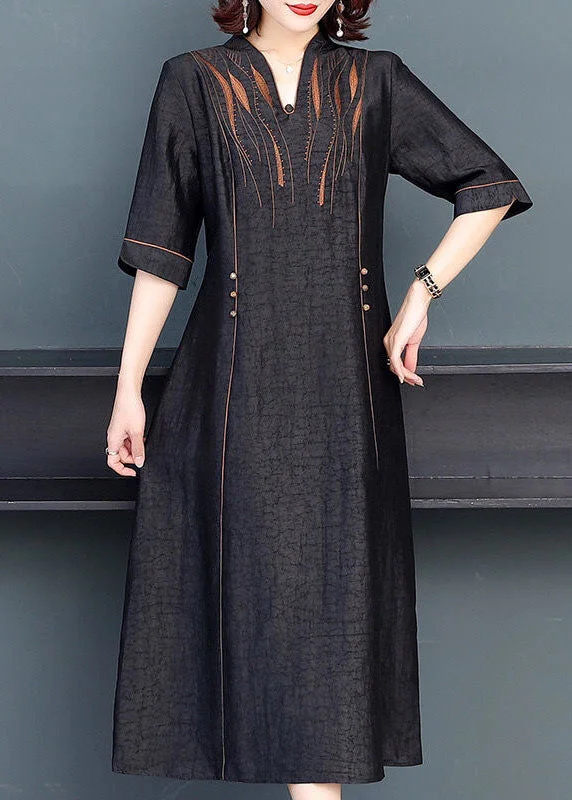 Trend Alert Stylish Black V Neck Patchwork Embroideried Silk Maxi Dresses Summer