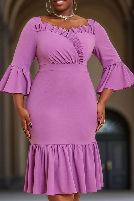 Score Big On Glamorous Red - Carpet Styles Solid Color Bell Sleeve Romantic Fishtail Midi Dress