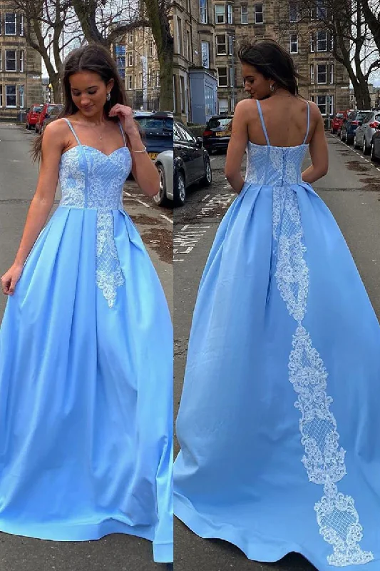 Unleash Your Trendy Side BLUE SWEETHEART NECK SATIN LACE LONG PROM DRESS BLUE FORMAL DRESS gh2247