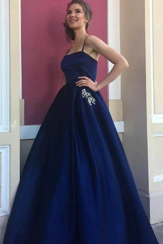 Unleash Your Trend Driven Style Elegant A-Line Spaghetti Straps Dark Blue Satin Prom Dress with Beading Pockets gh2333