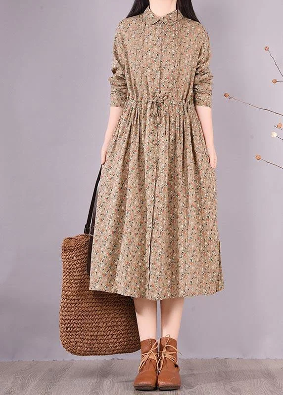 Latest Trends Loose Lapel Drawstring Spring Tunic Pattern Sewing Khaki Print Maxi Dresses