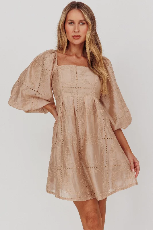 Casual Fashion Summerlin Puff Sleeve Eyelet Mini Dress Beige