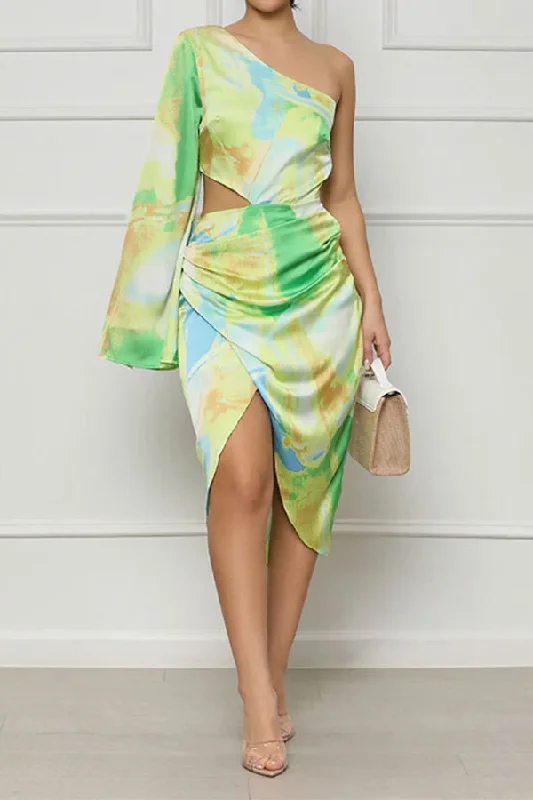 Special Offer For You Watercolor Print Asymmetric Stylish Cutout Irregular Slit Midi Dress