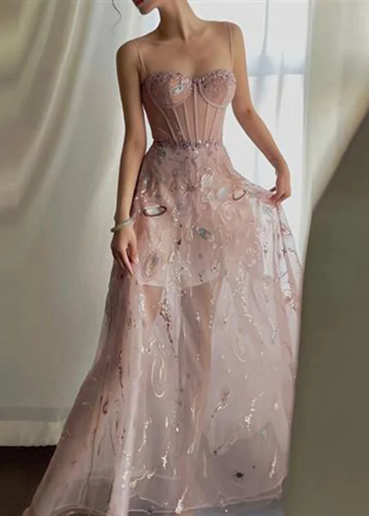 Pastel Styles Sexy Pink Embroideried Sequins Slim Fit Tulle Maxi Dresses Sleeveless