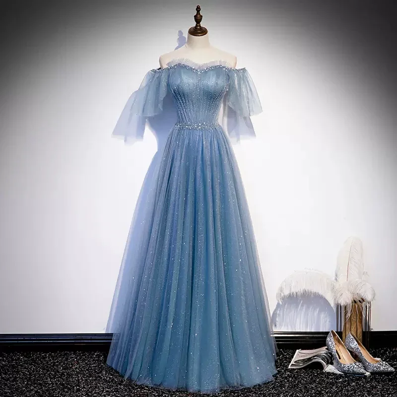 Redefining Women's Style Shiny Blue Off Shoulder Beading Tulle Formal Evening Gown Prom Dress MD7177