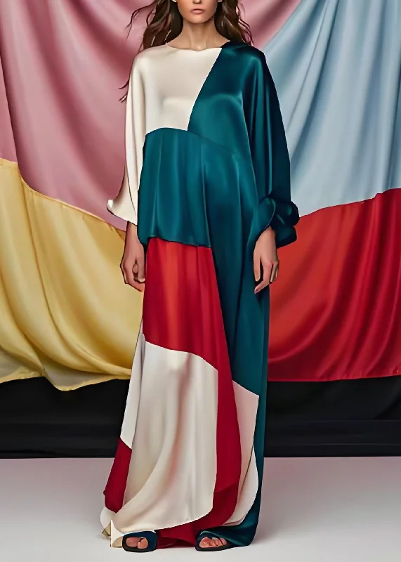 Limited Edition Unique Colorblock O Neck Patchwork Silk Party Maxi Dress Long Sleeve